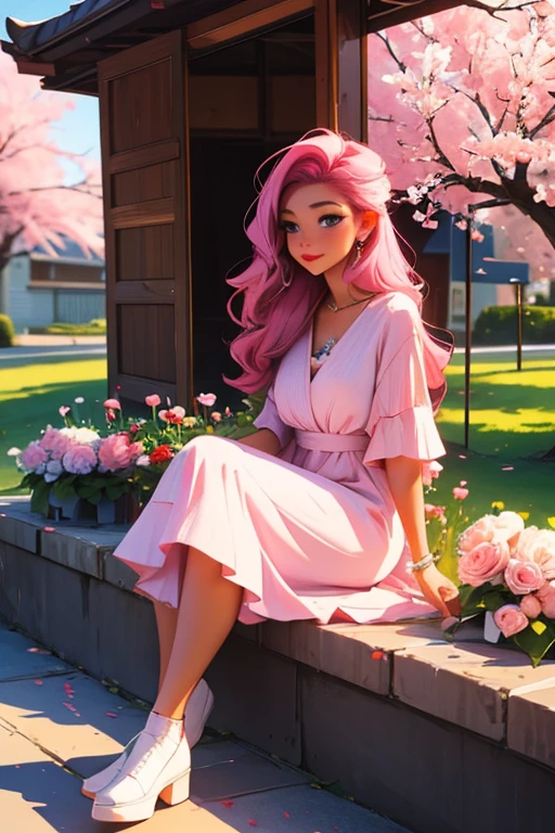 A pink haired woman with violet eyes with an hourglass figure in a summer dress is sitting with a bouquet of peonies in the cherry blossoms