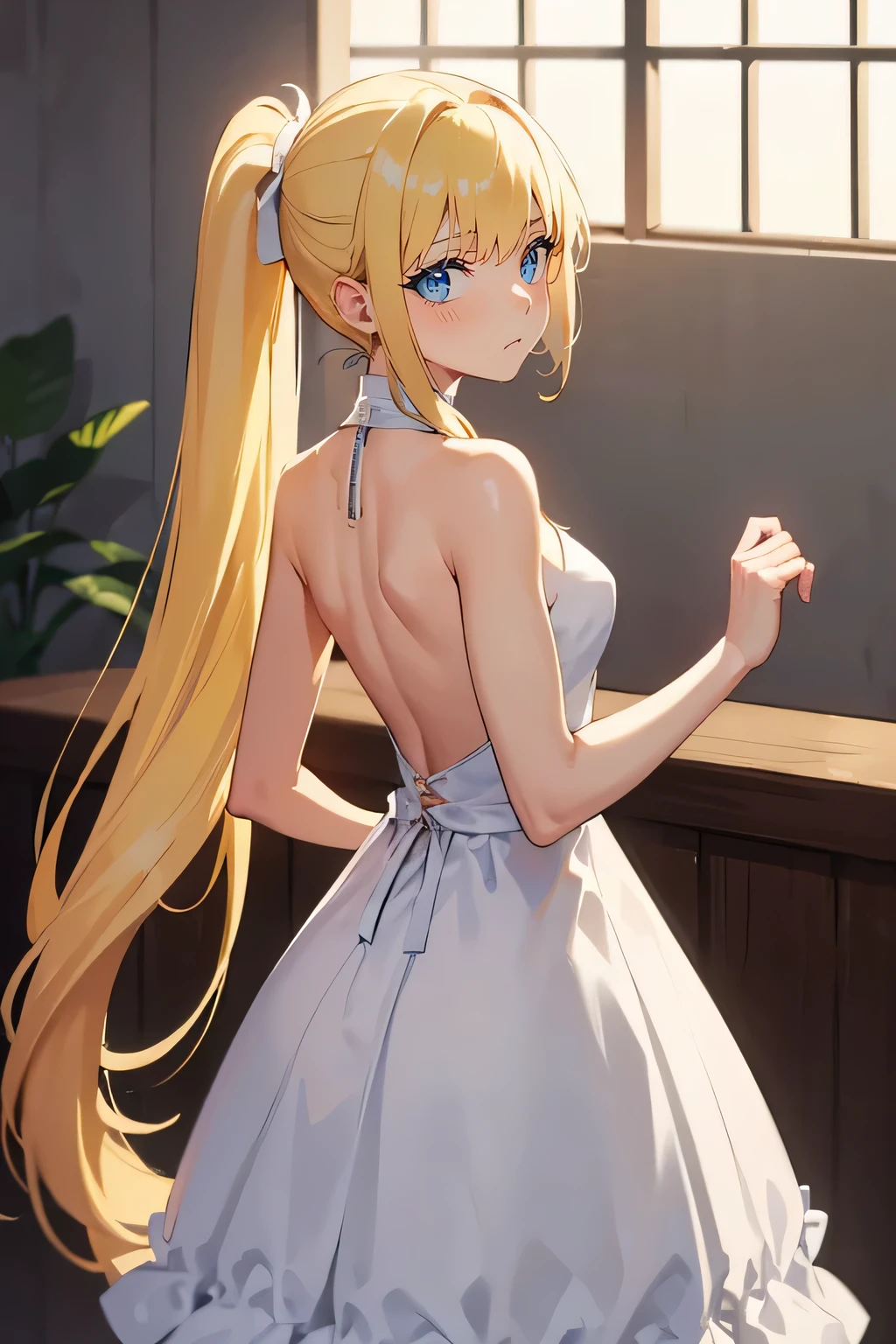 masterpiece, best quality, 8k_wallpaper, (((dildo in ))), (standing among crowd in store), (sunny day), (white sleeveless shirt), (bare shoulders), (high waisted skirt:1.2), (thigh highs), (large breasts), (jeanne d'arc), (long blonde hair), (braided hair), ((blushing, o face, embarassed, agonizing)), Detailed light, Detailed face, Detailed eyes, (Facing away from the audience,Lean forward, Stooping),((Bent over with rear end towards the audience))