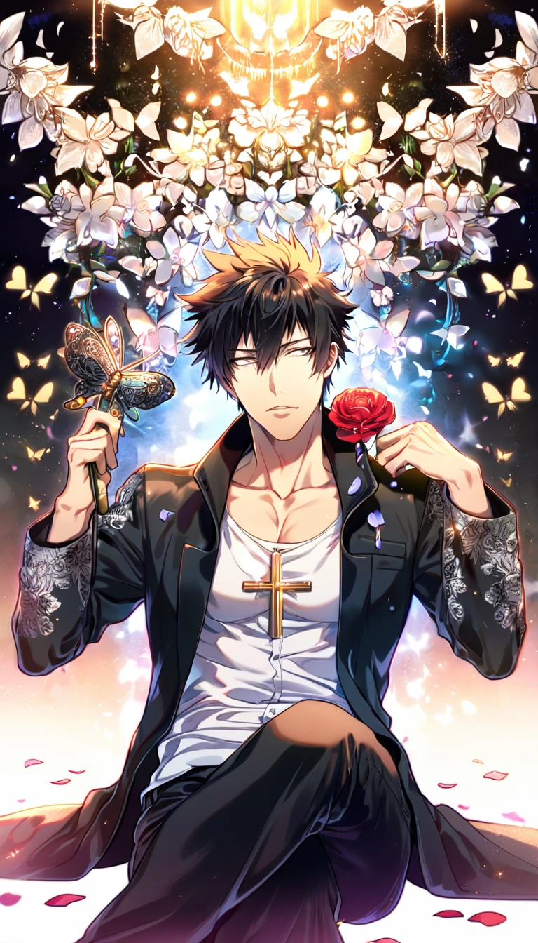 Ultra detailed, Highres, absurdres, HDR, Kougami Shinya, black hair, expressive silver eyes, black coat with patterns, Psycho Pass, white shirt, cross, glittering butterflies, petals, handsome, sexy man, solo, very detailed eyes and face, master piece, toned chest, glittering, flowers, sitting