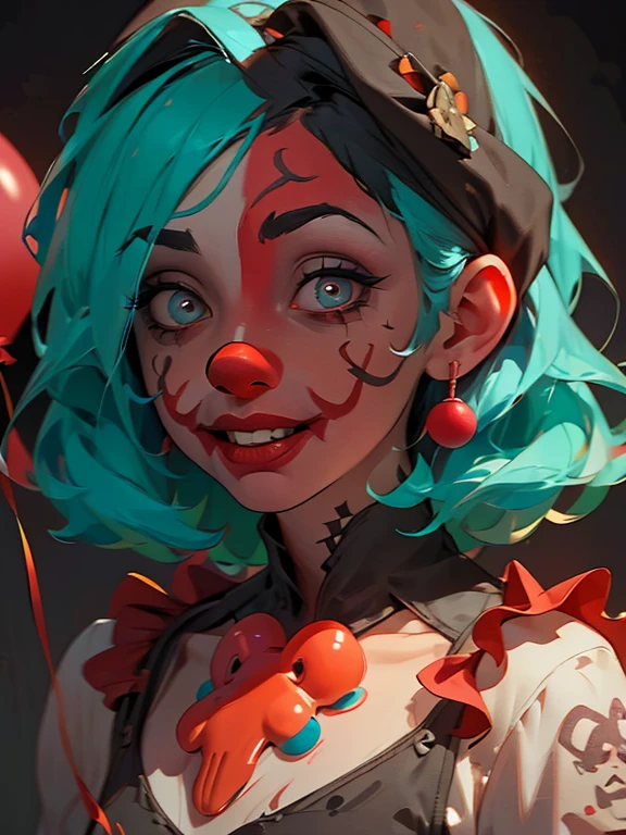 A clown with blue hair and red clown make-up、Surrounded by red balloons, Cutecore Pierrotcore, 不気味なClown Girl, Scary Clown, Clown Girl, Detailed painting 4k, Portrait of Des Pierrot, Artstation Contest Winner, Goth Clown Girl, deviantart artstation cgscosiety, cgsociety contest winner!!, cgsociety contest winner!!!, y 2 k cutecore crowncore,whole body