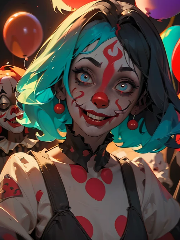 (a girl with) Blue hair and a red clown with clown makeup are surrounded by red balloons, Cutecore Clowncore, Creepy Clown Girl, Scary Clown, Clown Girl, detailed painting 4k, portrait of a dead clown, Cutecore Clowncore, vibrant colors, studio lighting