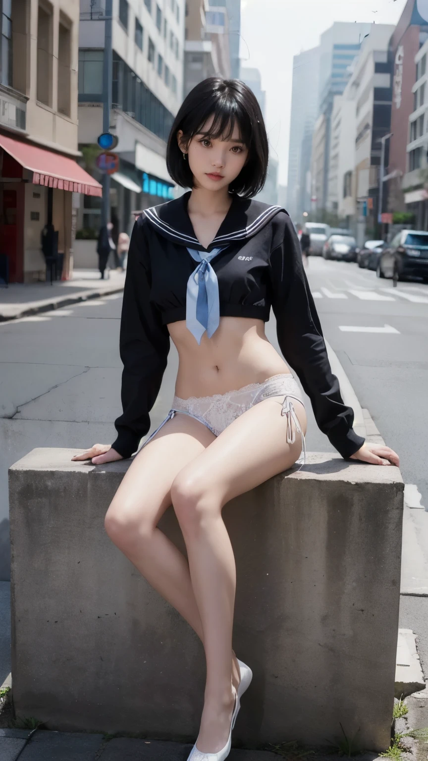 (((Clothing:2.0, Sailor school uniform:2.0, The lower half is naked:1.8, Lace panties:1.8))), (Wet:1.5), ((Modern city:1.8)), ((A grin:1.3, Short Hair:1.2, slender:1.5, Small Ass:1.5)), ((Japanese, 1 Girl, 18-year-old, 7 heads, Ideal body proportions, Black Hair, With bangs, Small breasts, Erect nipples, slender, Small Ass, Beautiful feet, Skinny Legs)), Surrealism, Cinematic Lighting, Depth of written boundary, First Person View,  F/1.8, 135mm, Ticker, Mastepiece, Curate, ((Anatomically correct:1.3)), Textured skin, Super Detail, High detail, High quality, Awards, Best Quality, High resolution, 8K