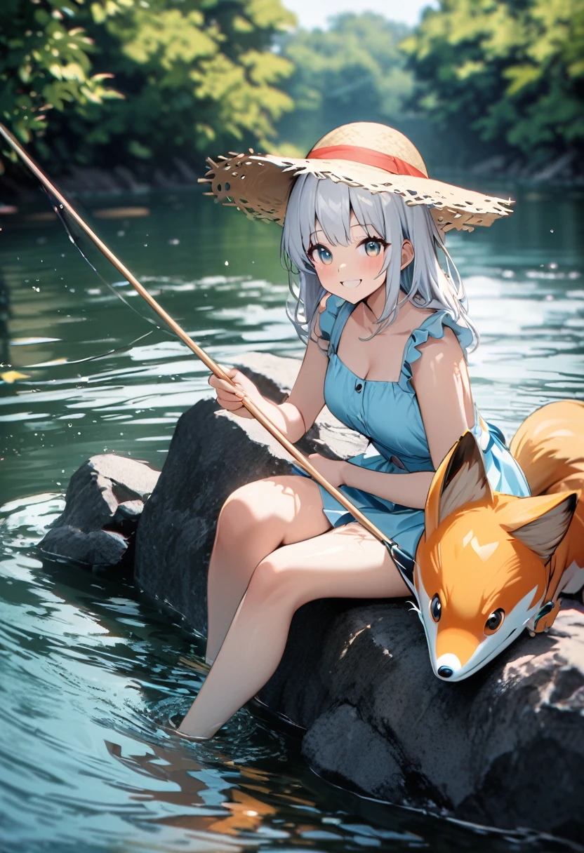 High quality, high definition, hig
h precision images,8k 1 Girl 、long white hair, light blue one piece,straw hat fishing in the river.Colorful fish are swimming in the river,
A cute fox sitting beside 、smile