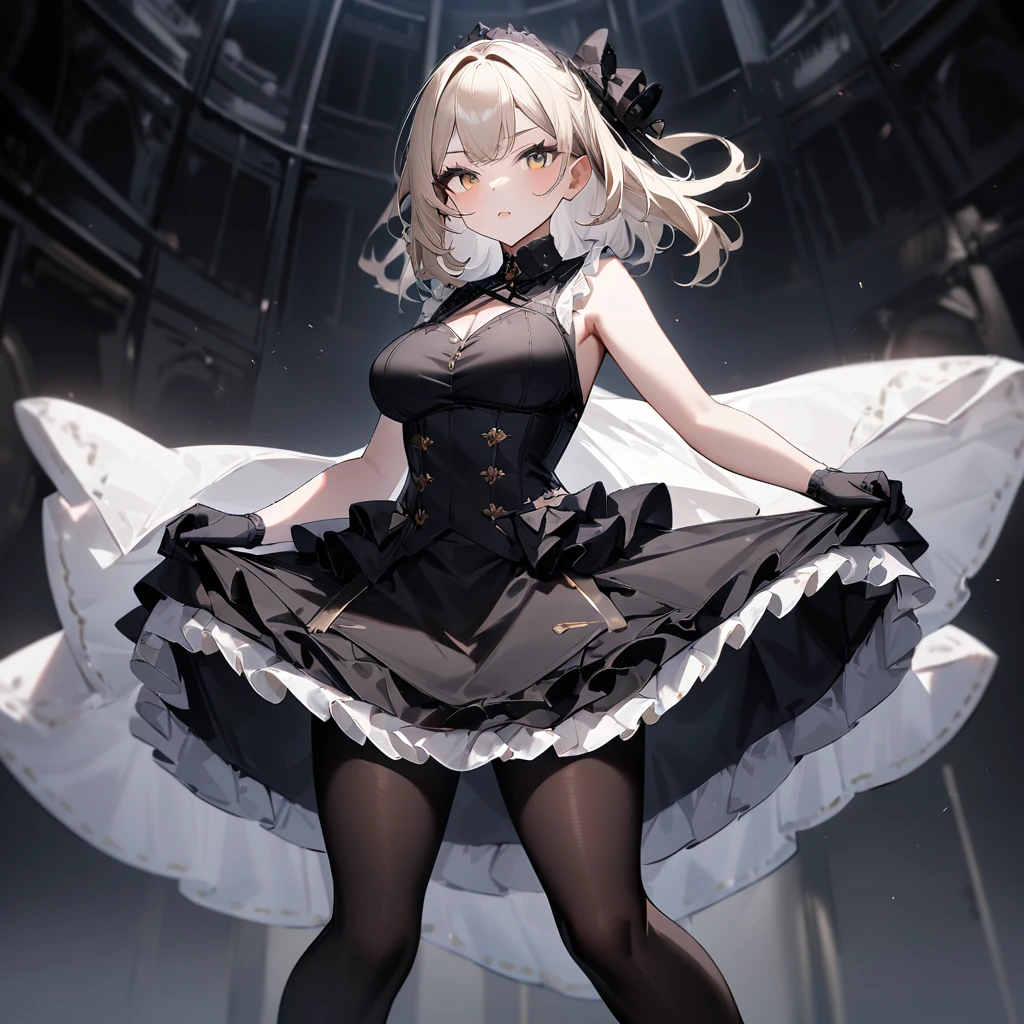 1 girl,best quality, very aesthetic,absurdres,looking at viewer,front view,Lovely lady,,skirt lift,high-grade,layer,westfrill,light hair,multilayer,blackcolor,trim,(side-Crisscross),breasts,upscale,Layered,yellow pale,blackglove,pantyhose,lovely,all black,Sleeveless,open stance,curtsey,impossible_clothes 