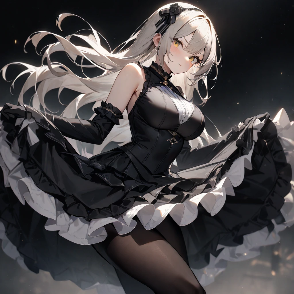 1 girl,best quality, very aesthetic,absurdres,looking at viewer,front view,Lovely lady,,skirt lift,high-grade,layer,westfrill,light hair,multilayer,blackcolor,trim,(side-Crisscross),breasts,upscale,Layered,yellow pale,blackglove,pantyhose,lovely,all black,Sleeveless,open stance,curtsey,impossible_clothes