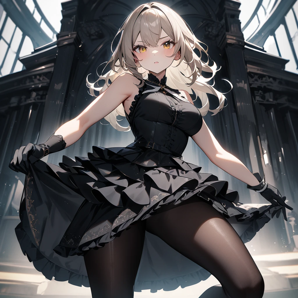 1 girl,best quality, very aesthetic,absurdres,looking at viewer,front view,Lovely lady,,skirt lift,high-grade,layer,westfrill,light hair,multilayer,blackcolor,trim,(side-Crisscross),breasts,upscale,Layered,yellow pale,blackglove,pantyhose,lovely,all black,Sleeveless,open stance,curtsey,impossible_clothes 