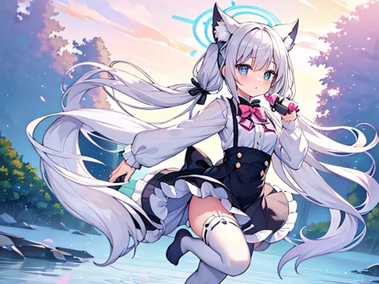 shiroko_bluearchive，(no shoe:1.3),[(white background:1.35)::0.25], (bottle bottom:0.9),mid shot, full body, flowers,floating petal,stone fragment, beautiful detailed water,cloud,sun,dusk,sunset,,(solo:1.2),(Masterpiece),(Best quality),(Extremely Detailed CG Unity 8k Wallpaper),(high resolution),(Best background details:1.26),(Best character details:1.36),(pastel (medium):1.35),sparkle,1girl,(white hair:1.2), (cat girl:1.1), hair between eyes, ((low twintails)), long hair, hair ribbon, hair ornament, bowtie,fur-trimmed dress, ((white:1.2) thighhighs:1.3),, illustration, Accumulate, table, flower, bow, bangs, tree, frills, long sleeves, bowtie, pink flower, closed mouth, shirt, outdoors, pink bow, grass, yellow bow, saucer, [(floating island:1.2,cloud)::5],