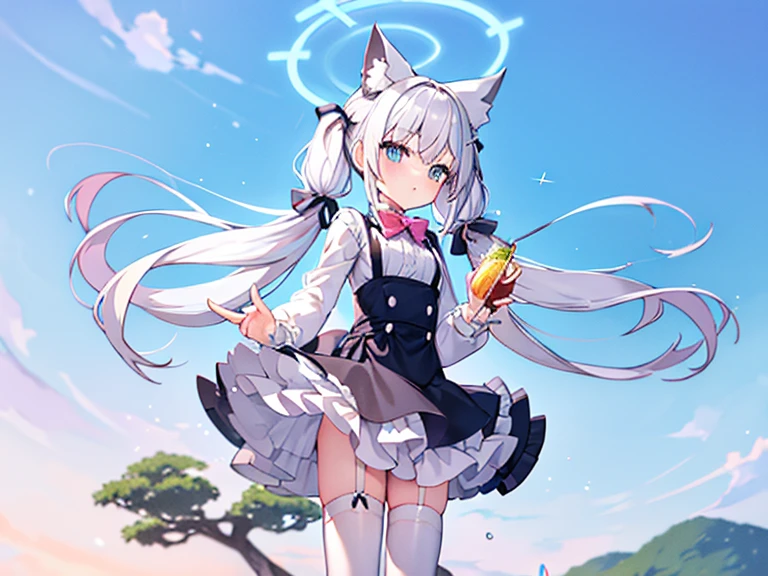 shiroko_bluearchive，(no shoe:1.3),[(white background:1.35)::0.25], (bottle bottom:0.9),mid shot, full body, flowers,floating petal,stone fragment, beautiful detailed water,cloud,sun,dusk,sunset,,(solo:1.2),(Masterpiece),(Best quality),(Extremely Detailed CG Unity 8k Wallpaper),(high resolution),(Best background details:1.26),(Best character details:1.36),(pastel (medium):1.35),sparkle,1girl,(white hair:1.2), (cat girl:1.1), hair between eyes, ((low twintails)), long hair, hair ribbon, hair ornament, bowtie,fur-trimmed dress, ((white:1.2) thighhighs:1.3),, illustration, Accumulate, table, flower, bow, bangs, tree, frills, long sleeves, bowtie, pink flower, closed mouth, shirt, outdoors, pink bow, grass, yellow bow, saucer, [(floating island:1.2,cloud)::5],