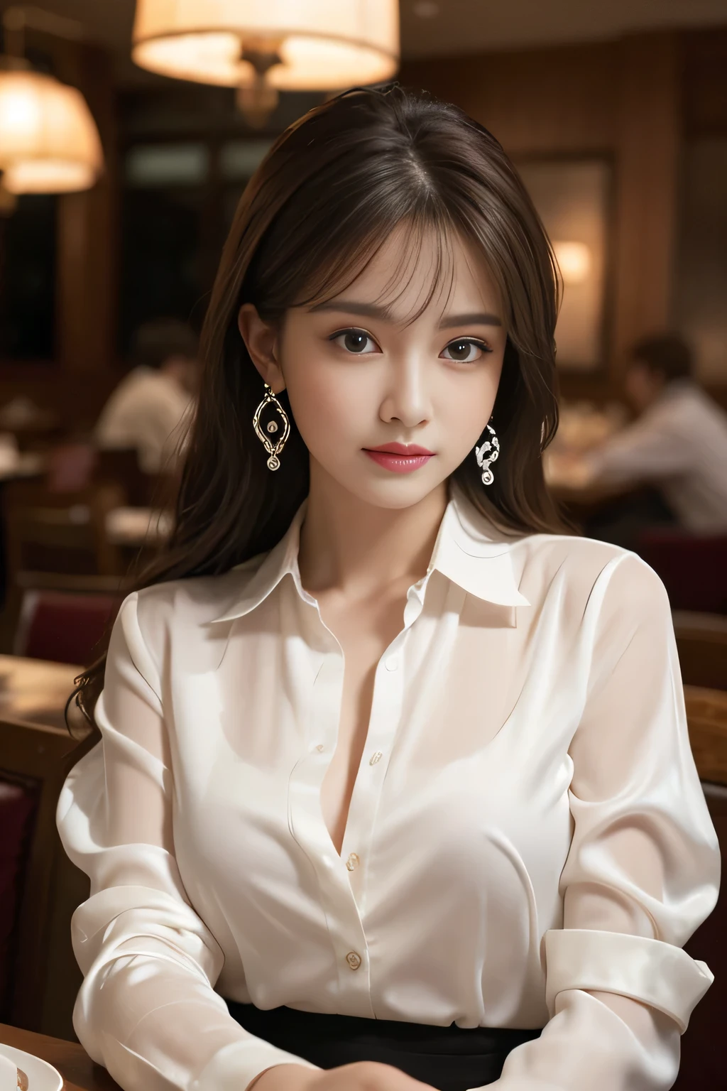masterpiece, highest quality, Realistic, Very detailed, Finer details, High resolution, 8k wallpaper, One beautiful woman, Wear an elegant see-through shirt, In a great restaurant, At night, Light brown messy hair, Perfect dynamic composition, Beautiful and beautiful eyes、Big earrings、Sitting in a chair、