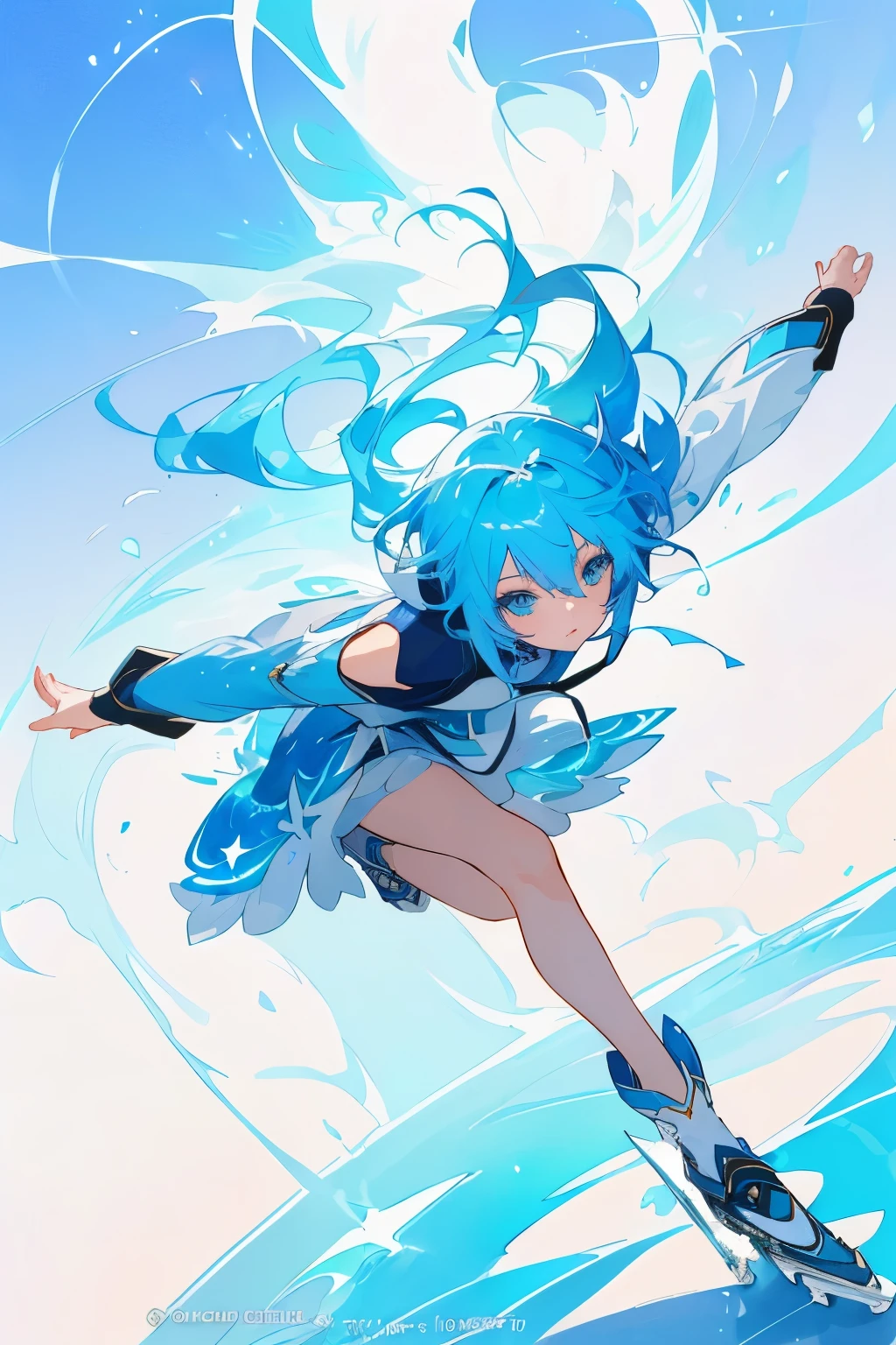 anime girl with light blue hair and blue eyes, in a short dress and ice skates, ice skating rink, sh, guweiz, splash art anime , soft anime illustration, zerochan art, guweiz on pixiv artstation, digital art on pixiv, artwork in the style of guweiz, beautiful anime artwork, style of magical girl, watercolor illustration style