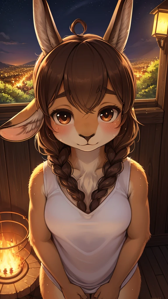 realistic hairy fur , (Gazelle) , round face , moist round eyes , Swollen cheeks , hair ties , Short stature , masterpiece, highest quality,  Absurd, View Viewer, alone, Rita Rossweisse (A Midsummer Night&#39;s Dream), Rita Rossweisse, Red Rose, Red eyes, Blonde Hair, Long sleeve, Mole under the eye, Hair on one eye,  frilled shirt, white shirt,  Captivating smile,  (Ulzzang-6500:0.8), Long Hair, Day, Outdoor black pantyhose, (Middle Eastern National Costume:1.3)
