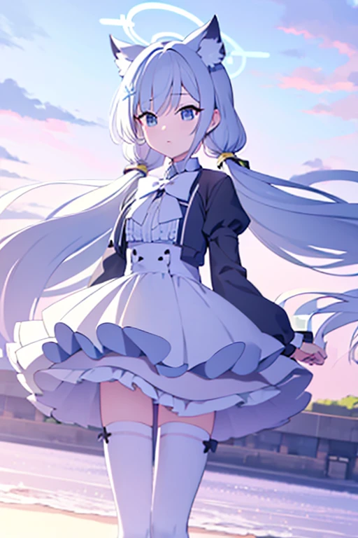 shiroko_bluearchive，(no shoe:1.3),[(white background:1.35)::0.25], (bottle bottom:0.9),mid shot, full body, flowers,floating petal,stone fragment, beautiful detailed water,cloud,sun,dusk,sunset,,(solo:1.2),(Masterpiece),(Best quality),(Extremely Detailed CG Unity 8k Wallpaper),(high resolution),(Best background details:1.26),(Best character details:1.36),(pastel (medium):1.35),sparkle,1girl,(white hair:1.2), (cat girl:1.1), hair between eyes, ((low twintails)), long hair, hair ribbon, hair ornament, bowtie,fur-trimmed dress, ((white:1.2) thighhighs:1.3),, illustration, Accumulate, table, flower, bow, bangs, tree, frills, long sleeves, bowtie, pink flower, closed mouth, shirt, outdoors, pink bow, grass, yellow bow, saucer, [(floating island:1.2,cloud)::5],