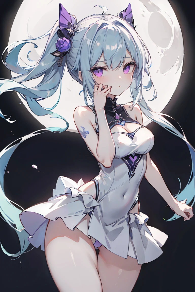 1girl, anime, cute girl, blank background, white background, fantasy, detailed fantasy dress with highlights, beautiful face, beautiful eyes, dark colors, black hair with multicolor streaks, red eye with different color pupil in eye, multicolor eye, medium breasts, slight cleavage, beautiful skin, cute, breast curtains, extremely delicate and beautiful, (beautiful detailed face:1.0), (detailed deep eyes), symmetrical breasts, deep eyes, shiny skin, portrait, slender waist, hips wider than shoulders, thighs, expressionless, young girl, luminous eyes, adorable,(Kpop idol),(aegyo sal:1),(Platinum blonde hair:1),((puffy eye)),Black panty,sexy posture,Superskirt, Ultra-high resolution,Black collar,slim figure, Abdominal y tattoo, womb tattoo,Tight-fitting leg ring,y tattoo on half-body,Bare skin, Armored hand,Hidden fingertips,Hand covered,Arm covered,Fist covered,{{beautiful detailed fingers}}, tufts of hair, moderate beautiful breast:1.0,(masterpiece:1.2), best quality, high-res, HDR, perfect face, intricate armor, delicate blue filigree, intricate filigree, red metalic parts, detailed part, dynamic pose, dynamic lights, cute face, neutral expression, shuimobysim, lotus, hanfu, maxi skirt, dress conservatively 1girl, solo, long blue hair, standing, One lady,14years,((White hair) ,((Normal breasts)), (Shiny purple bodysuit with microskirt),((Fantasy, Moon Night))