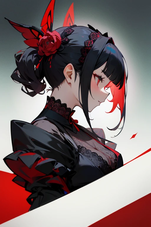black and red lace dress、cute、Villainess、head band、profile、Judging the beholder、profileのアップ、Beautiful hair ornament。