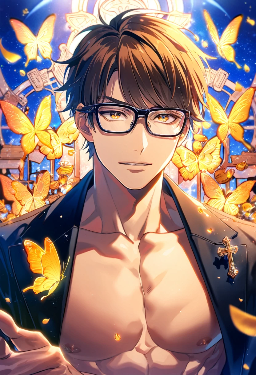 absurdres, highres, ultra detailed, HDR, master piece, best quality, Miyuki Kazuya, brown hair, expressive amber eyes, Diamond No Ace, solo, sexy man, handsome, toned chest, black coat, glasses with black frames, cross, butterflies, petals, magical