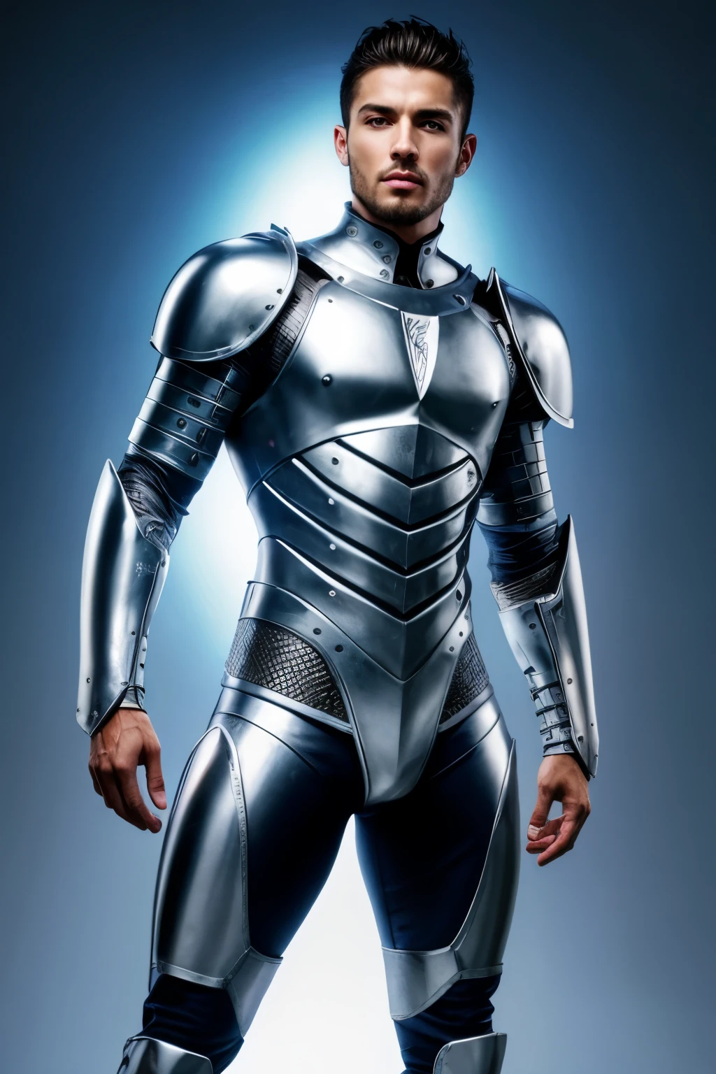 A man is Gigachad gonzalo gubero bobadilla muscular with shakira face handsome roman warrior , in A photograph of flat silver armor made of white titanium and some crystal , RGB LEDs Rainbow suit , Power Suit , gradient , elegant , for men , Modern minimalism , low poly lines , punk core , dreamy , Coloring , dystopia , divine , mysterious , Curved Pose , Posing , Po if fashion.