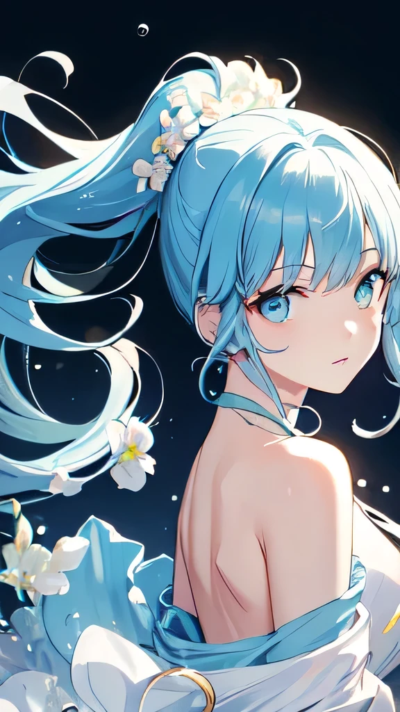 (masterpiece), (highest quality), (Super detailed),(Disheveled Hair),(figure), (One girl), (Fashionable clothes), Are standing, Fashion Model, View Viewer, (interview), (Simple Background),Beautiful fine details, Delicate and beautiful face, floating,(High saturation),(Colorful splashes),Colorful Bubbles,(The Shining), Focus on the face, ponytail, kamisato ayaka, Light blue hair, bangs, Hair Ring, Floating Flowers, Floating hair, (The Shining), Best lighting, Best Shadow,middle School girls naked