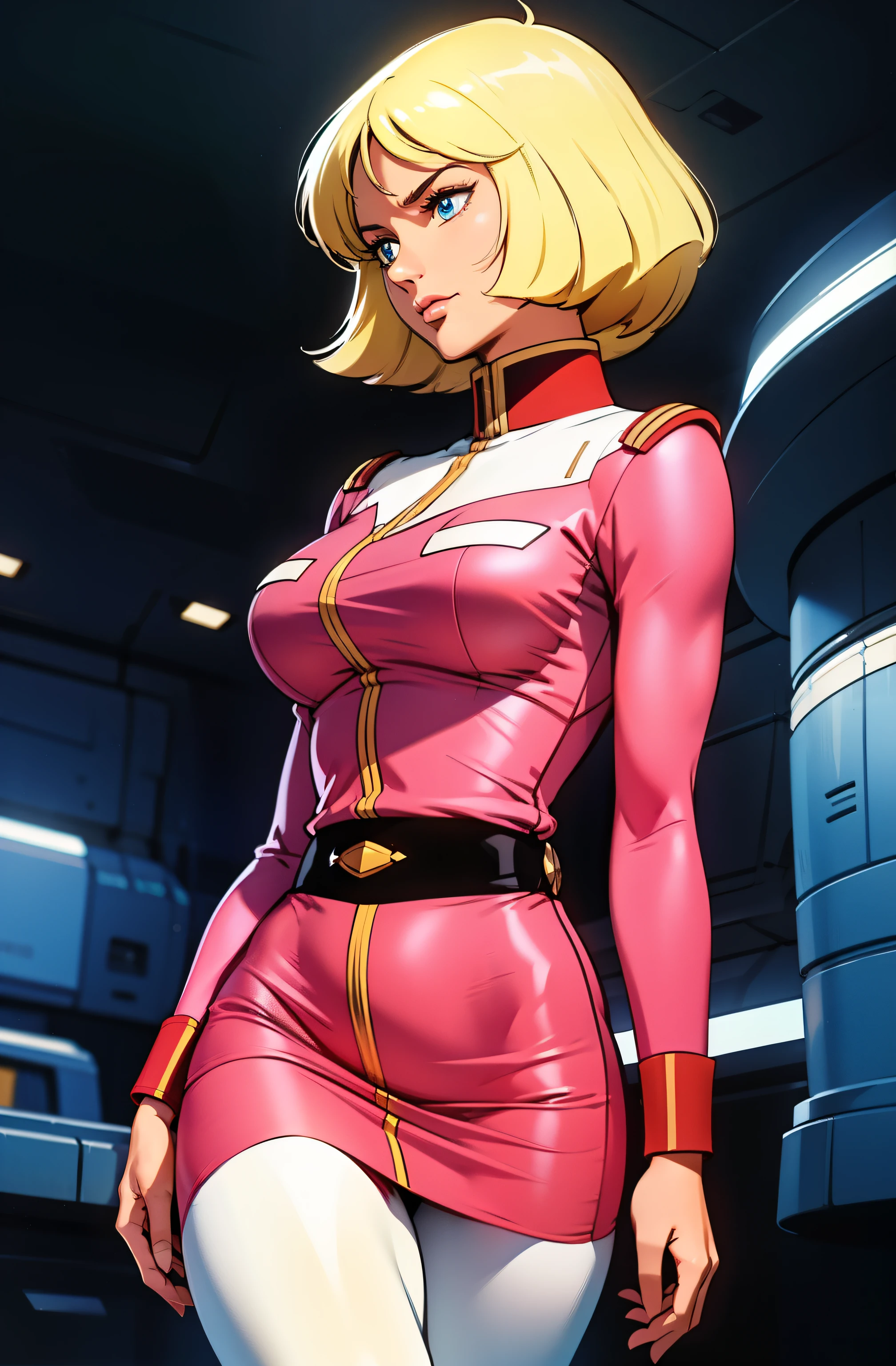 ((masterpiece)), ((cinematic lighting)), realistic photo、Real Images、Top image quality、1girl in, sayla mass, Elegant, masterpiece, Convoluted, slim arms, wide hips, thick thighs, thigh gaps, Best Quality, absurderes, high face detail, Perfect eyes, mature, Cowboy Shot, , Vibrant colors, soft pink uniform, soft pink Skirt, white tights, side view