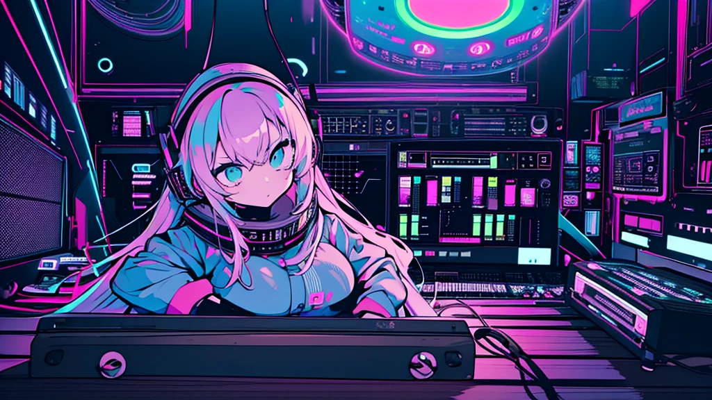 Best quality, (masterpiece:1.2), best detail face,1 girl, big breasts, 18 yo, 8k,absurdres,unity 8k wall paper,(extremely detailed:1.3), highest realistic, (headphones:1.1), (soft neon light:1.1), (floating hair:1.2), (psychedelic:1.2), Her room full of music equipment, loungewear, (((Roland TB-303 Synthesizer))), loose loungewear, Looks listless, See the whole room
