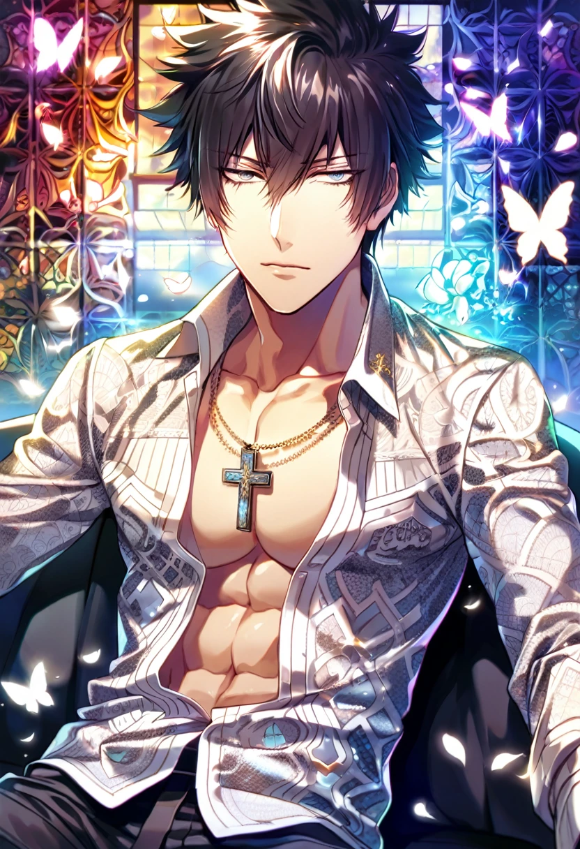 Ultra detailed, Highres, absurdres, HDR, Kougami Shinya, black hair, expressive silver eyes, black coat with patterns, Psycho Pass, white shirt, cross, glittering butterflies, petals, handsome, sexy man, solo, very detailed eyes and face, master piece, toned chest, glittering, flowers, sitting