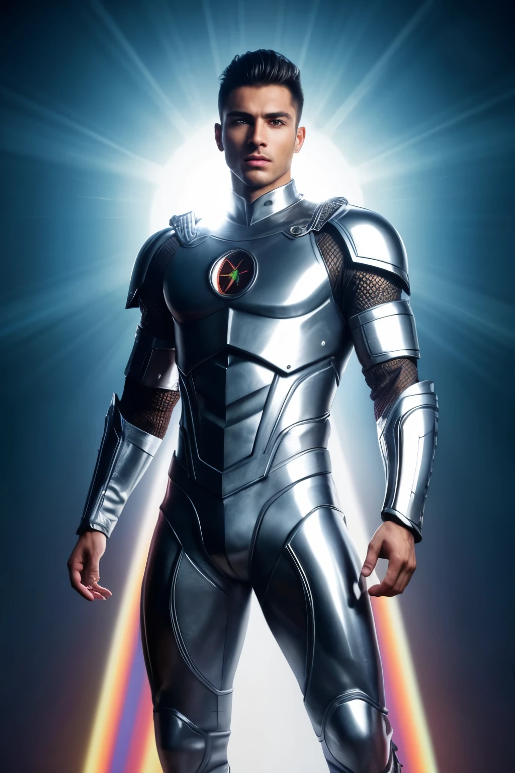 A man is Gigachad gonzalo gubero bobadilla muscular with shakira face handsome roman warrior , in A photograph of flat silver armor made of white titanium and some crystal , RGB LEDs Rainbow suit , Power Suit , gradient , elegant , for men , Modern minimalism , low poly lines , punk core , dreamy , Coloring , dystopia , divine , mysterious , Curved Pose , Posing , Po if fashion.