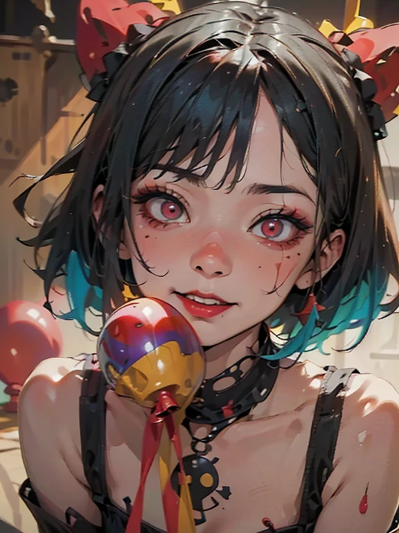 (a girl with) Blue hair and a red clown with clown makeup are surrounded by red balloons, Cutecore Clowncore, Creepy Clown Girl, Scary Clown, Clown Girl, detailed painting 4k, portrait of a dead clown, Cutecore Clowncore, vibrant colors, studio lighting