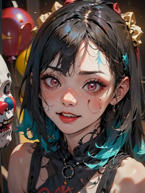 (a girl with) Blue hair and a red clown with clown makeup are surrounded by red balloons, Cutecore Clowncore, Creepy Clown Girl, Scary Clown, Clown Girl, detailed painting 4k, portrait of a dead clown, Cutecore Clowncore, vibrant colors, studio lighting