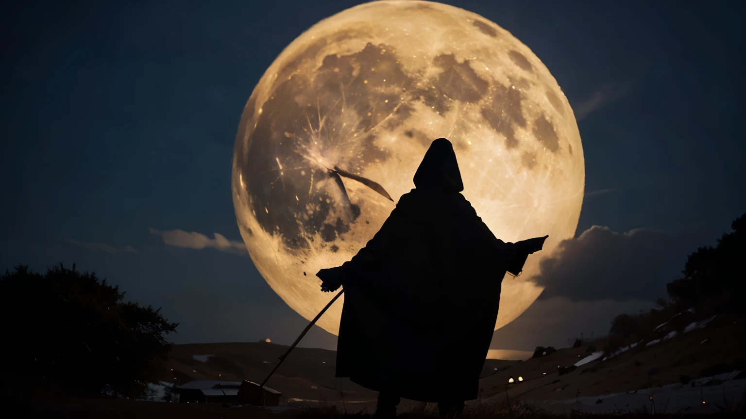 elderly witch in first person, with a cape and a staff, with the full moon behind. in a threatening way, in a hostile environment. doing a ritual