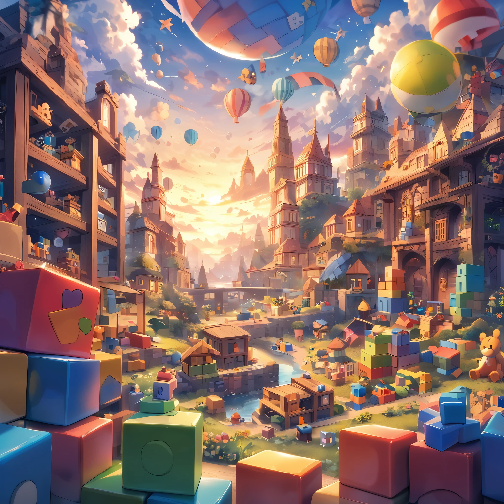 A landscape with many large building blocks and toys and stuffed animals