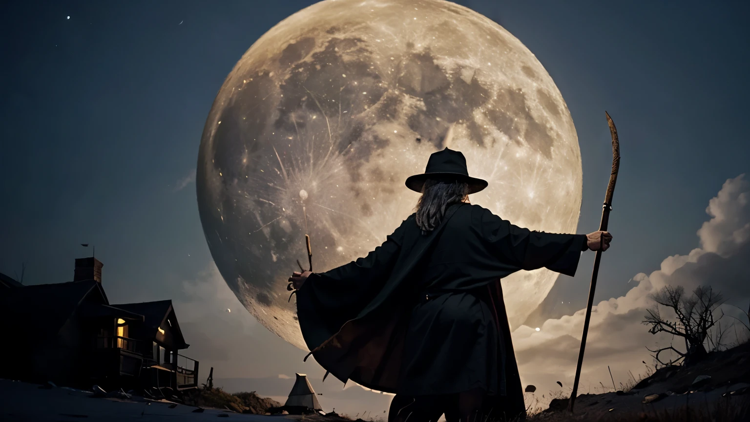 elderly witch in first person, with a cape and a staff, with the full moon behind. in a threatening way, in a hostile environment. doing a ritual