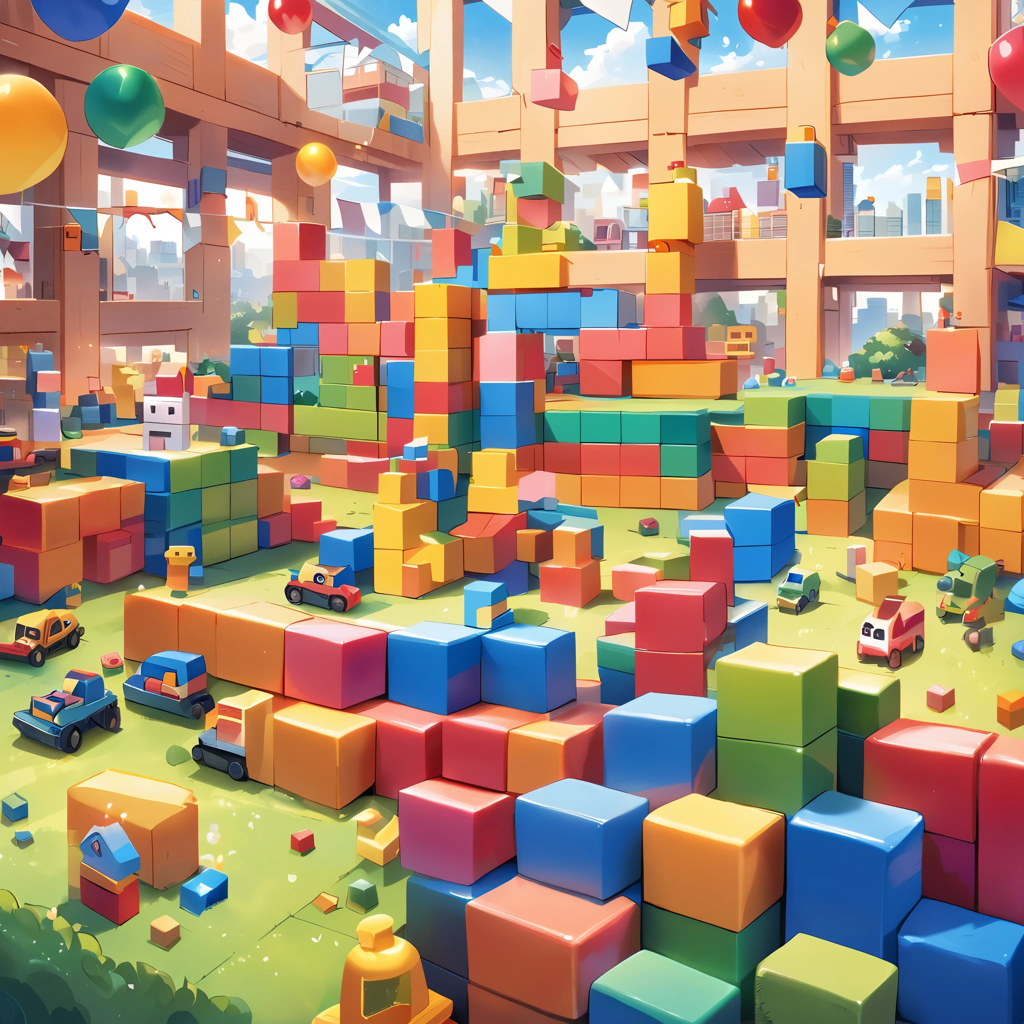 A landscape with many large building blocks and toys and stuffed animals