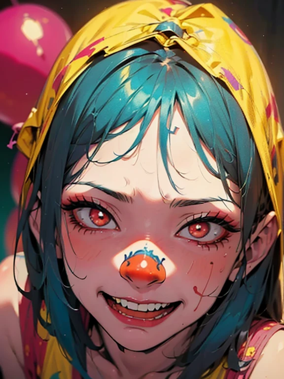 (a girl with) Blue hair and a red clown with clown makeup are surrounded by red balloons, Cutecore Clowncore, Creepy Clown Girl, Scary Clown, Clown Girl, detailed painting 4k, portrait of a dead clown, Cutecore Clowncore, vibrant colors, studio lighting
