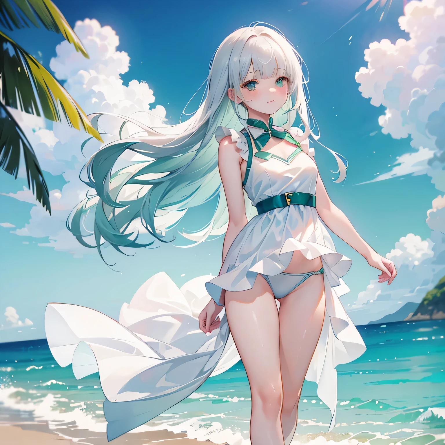 full body,dynamic angle,((both arms down)),(White elegant summer blouse,White elegant one piece swimsuit),((1girl,cute,young,semi long beautiful silver green hair,blunt bangs,beautiful eyes)),(solo),((masterpiece, highest resolution,best quality)), (beautiful illustration),(looking at the viewer), innocent smile,cinematic lighting,beautiful emerald green beach, white sand,waves,clouds,blue sky