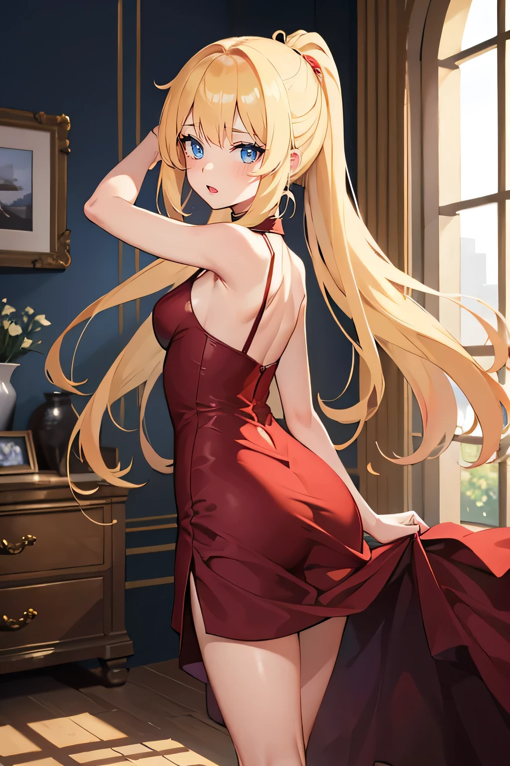Safe for work, masterpiece, best quality, solo, 1 girl, facing forward, looking at camera, (young female body:1.4), ( medium small breasts), slender legs, golden yellow hair, extra long hair, blunt bangs, crystal blue eyes, very detailed eyes, inside livingroom, cozy background, ponytail, standing, leaning forward, erotic, dark red dress, long form fitting dress, tight red dress, silver details, flustered expression, arched back, arching her back
