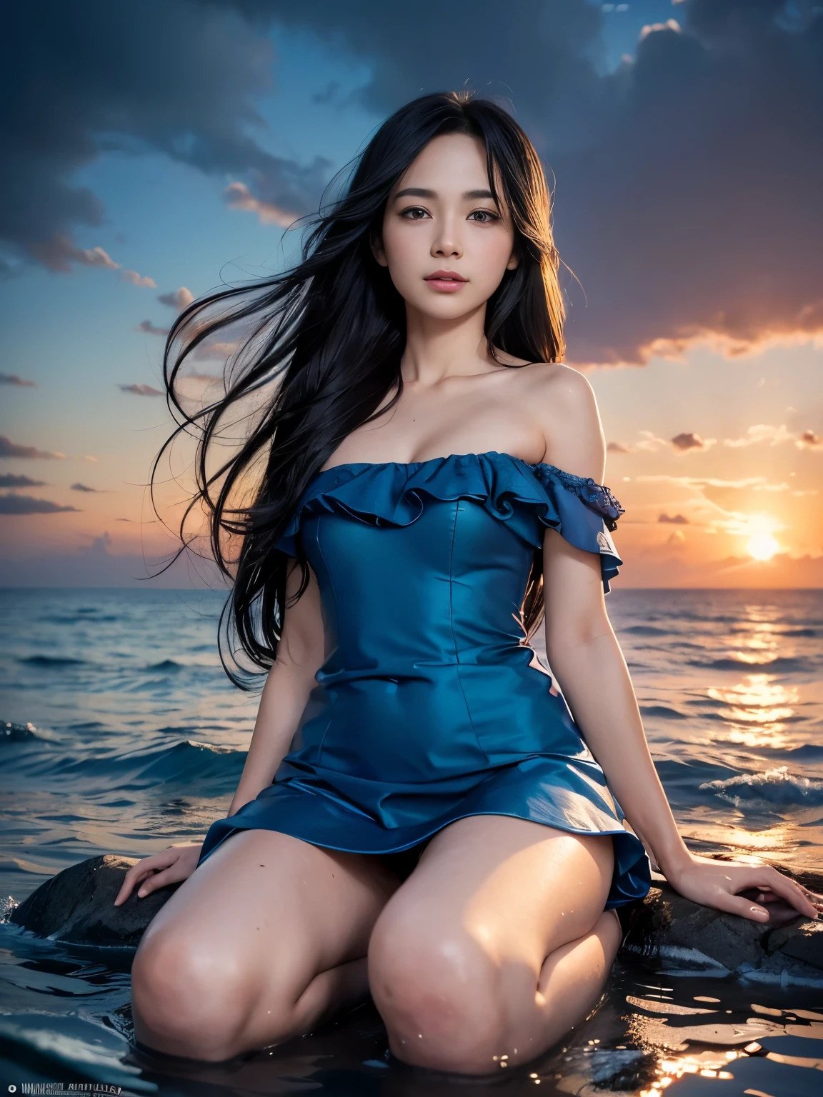 （（Top  Quality，8K，tmasterpiece：1.3）），focal：1.2，Perfect beauty：1.4，Essential，hindquarters：1.2，（（Layered Hair Style，nedium breasts：1.2）），（wetclothes：1.1），（sun setting，the ocean：1.3），Off-the-shoulder floral mini dress：1.1，Highly Detailed Face and Skin Textur，Narrow eyes，double eyelid，Whitens the skin，long hair，（Keep one's mouth shut：1.3），Smile with，The beauty is unreal，Hairstyling design，Sitting in the ocean，Long legs，The Ocean Splash character has no other elements，(Best quality), (Ultra-detailed),(Masterpiece), (the wallpaper), looking at viewert, Delicate details, Bright eyes, light in face, Cinematic lighting, Sexy figure, Perfect body proportion, Blush, Black hair, Floating hair, (Long hair:1.3), fake smile, Bed, Absolute field, Smooth skin, Expose legs, Full body, ,Unity 8k wallpaper, Ultra detailed, Beautiful and aesthetic, Beautiful, Masterpiece, Best quality,,Lying, group picture, Sit in the water,