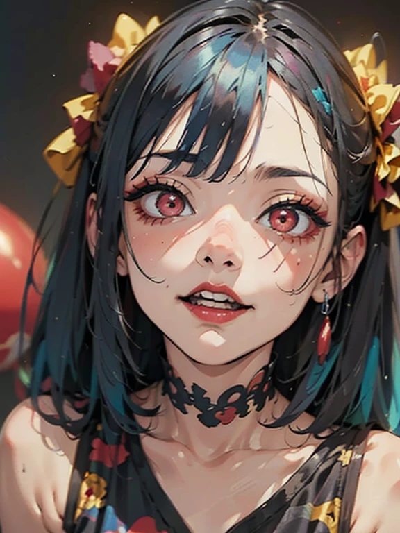 (a girl with) Blue hair and a red clown with clown makeup are surrounded by red balloons, Cutecore Clowncore, Creepy Clown Girl, Scary Clown, Clown Girl, detailed painting 4k, portrait of a dead clown, Cutecore Clowncore, vibrant colors, studio lighting
