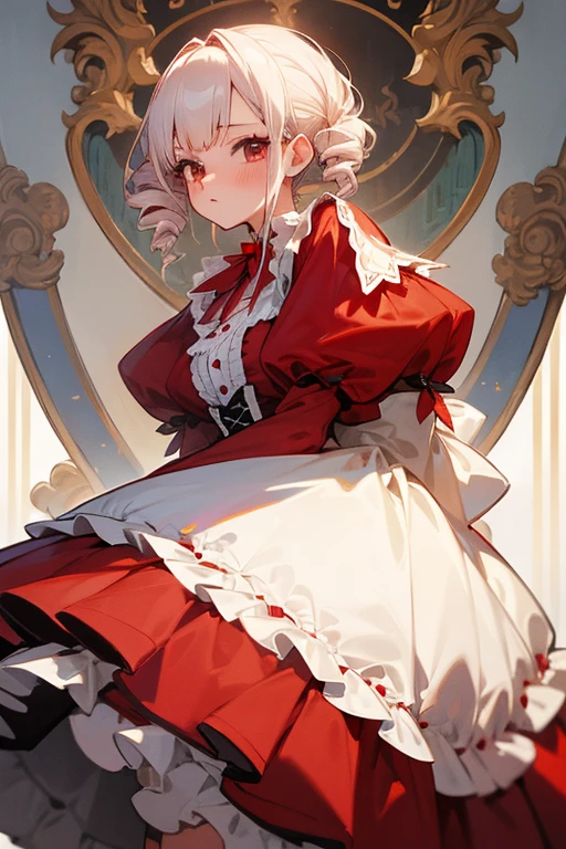 Short white hair, blush, one piece、Punk Fashion、Headbang 2.、Red clothes、Elegant Lolita、Victorian Maiden、Twin Drill、My hair is curly、