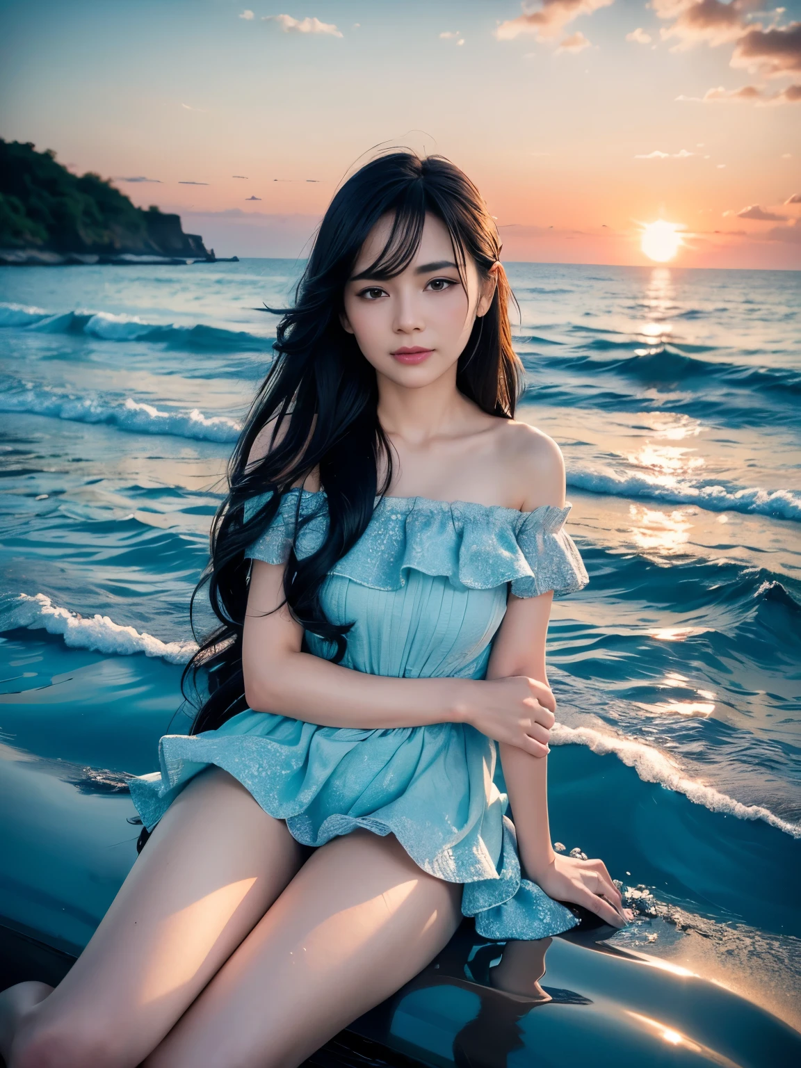 ((Top Quality,8K,tmasterpiece:1.3)),focal:1.2,Perfect beauty:1.4,Essential,hindquarters:1.2,((Layered Hair Style,nedium breasts:1.2)),(wetclothes:1.1),(sun setting,the ocean:1.3),Off-the-shoulder floral mini dress:1.1,Highly Detailed Face and Skin Textur,Narrow eyes,double eyelid,Whitens the skin,long hair,(Keep one's mouth shut:1.3),Smile with,The beauty is unreal,Hairstyling design,Sitting in the ocean,Long legs,The Ocean Splash character has no other elements,(Best quality), (Ultra-detailed),(Masterpiece), (the wallpaper), looking at viewert, Delicate details, Bright eyes, light in face, Cinematic lighting, Sexy figure, Perfect body proportion, Blush, Black hair, Floating hair, (Long hair:1.3), fake smile, Bed, Absolute field, Smooth skin, Expose legs, Full body, ,Unity 8k wallpaper, Ultra detailed, Beautiful and aesthetic, Beautiful, Masterpiece, Best quality,,Lying, group picture, Sit in the water,
