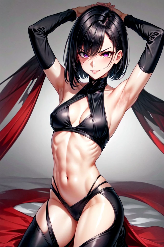masterpiece, best quality, cowboy shot, view from above, 1girl, looking at viewer, crimson eyes, cool beauty, short hairstyle, black hair, red strands of hair, sharp eyes, mature face, slim body, villain clothes clothes, cool face, evil smirk, lips, exotic clothes, midriff clothes, fit girl, fit body, wild appearance, wild style, arms up, armpits exposed, kneeling