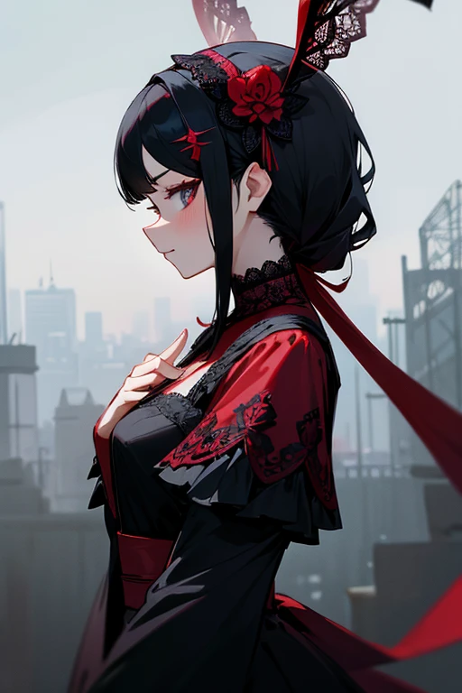 black and red lace dress、cute、Villainess、head band、profile、Judging the beholder、profileのアップ、Beautiful hair ornament、View the viewers、