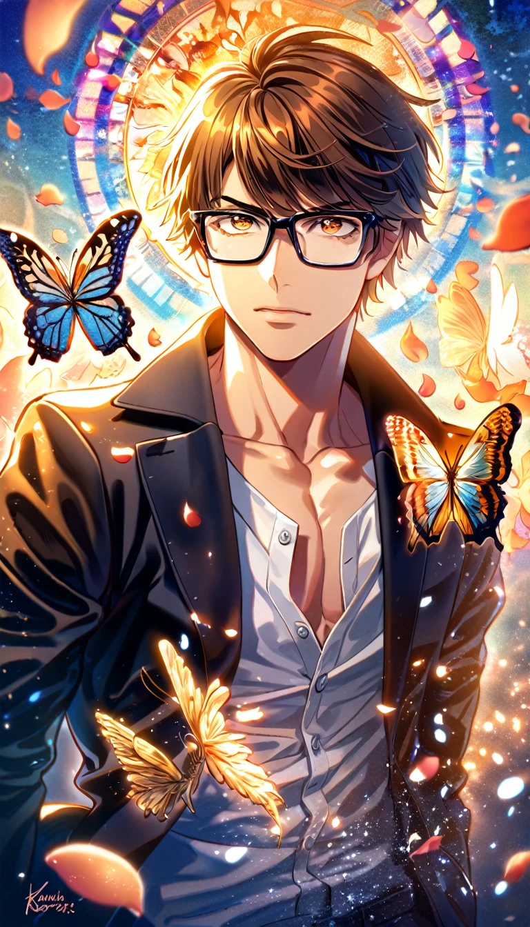 absurdres, highres, ultra detailed, HDR, master piece, best quality, Miyuki Kazuya, brown hair, expressive amber eyes, Diamond No Ace, solo, sexy man, handsome, toned chest, black coat, glasses with black frames, cross, butterflies, petals, magical