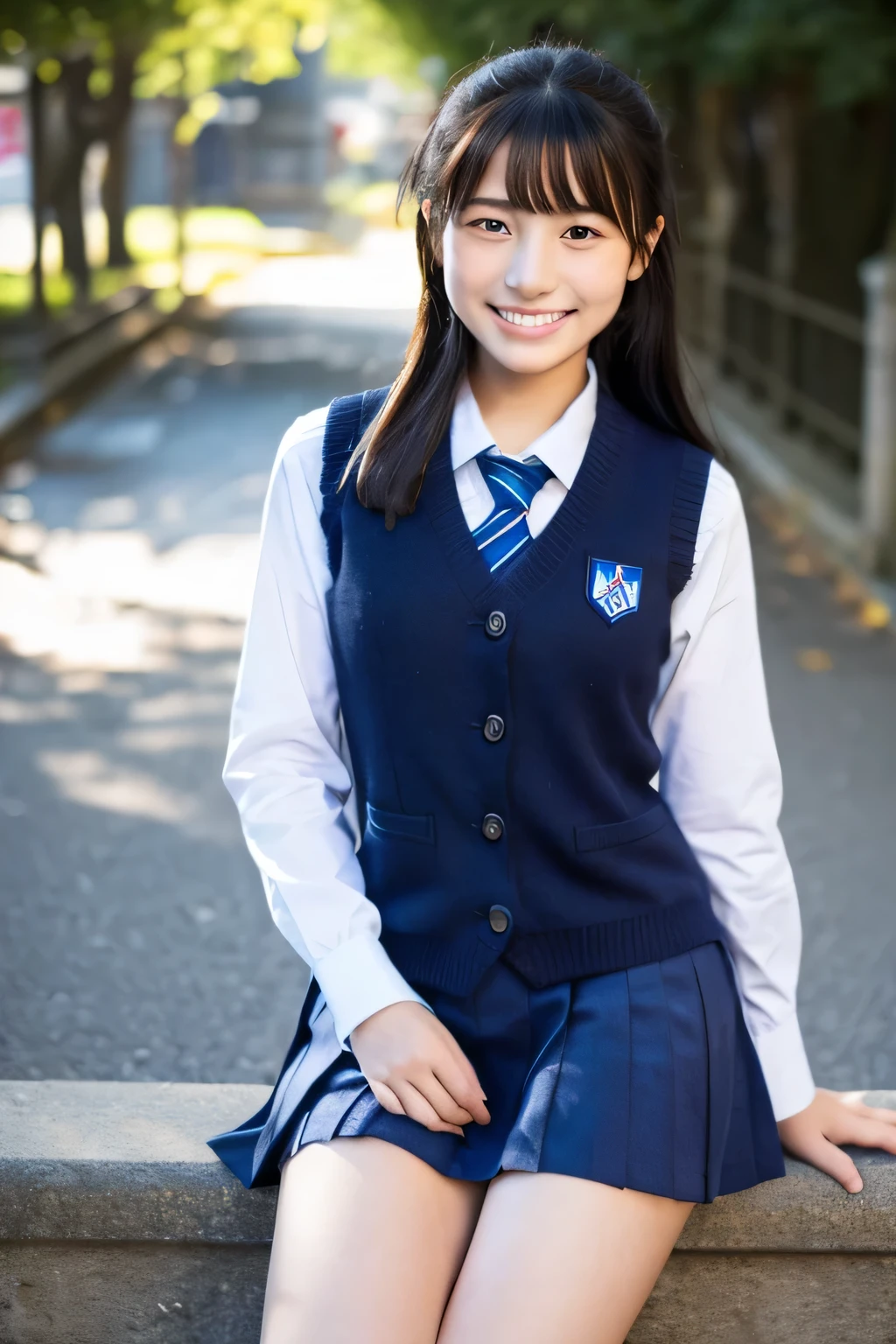 ((masterpiece)), japanese, (a girl), (18 years old), (((school uniform))), smiling, outdoor, dark blue knit vest, thighs,