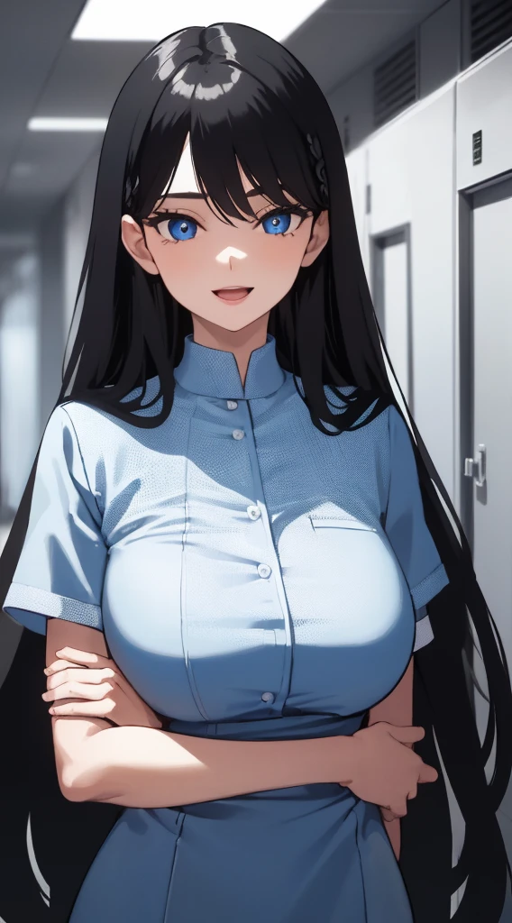 (masterpiece), (best quality), (ultra-detailed), ((girl, 29 years old)), an extremely delicate and beautiful, detailed eyes, minute details, (black hair, long hair, straight hair, hair between eyes), ((big breasts)), smile, open mouth, ((beautiful eyes)), (blue eyes), (upper body), she is wearing a blue dress, (detailed clothes), (detailed background, in a hospital, hospital hallway), (monochrome)