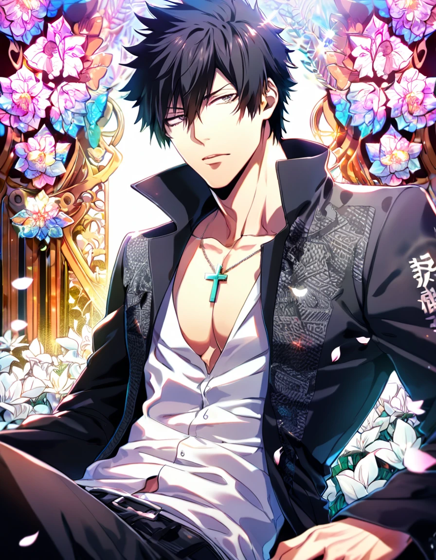 absurdres, highres, ultra detailed, HDR, master piece, best quality, Kougami Shinya, black hair, expressive gray eyes, psycho pass, solo, sexy man, handsome, toned chest, white shirt, black vest, sitting, cross, butterflies, petals