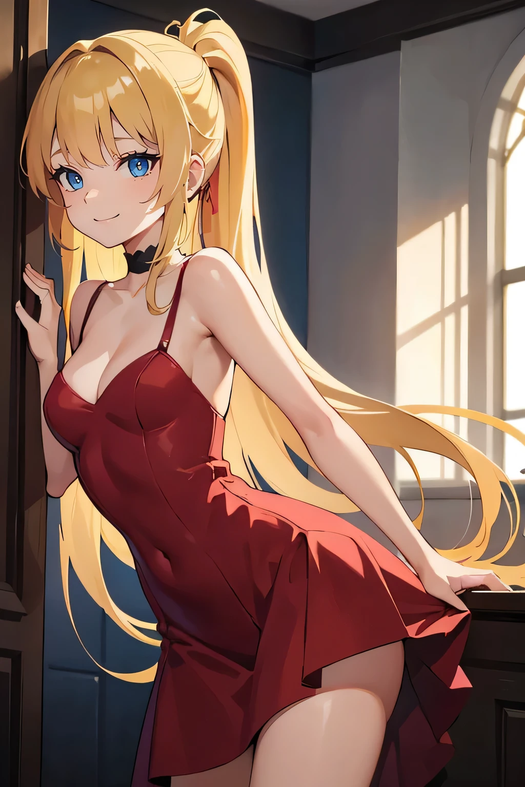 Safe for work, masterpiece, best quality, solo, 1 girl, facing forward, looking at camera, (young female body:1.4), ( medium small breasts), slender legs, golden yellow hair, extra long hair, blunt bangs, crystal blue eyes, very detailed eyes, inside livingroom, cozy background, ponytail, standing, leaning forward, erotic, dark red dress, long form fitting dress, tight red dress, silver details, flustered expression, arched back, arching her back