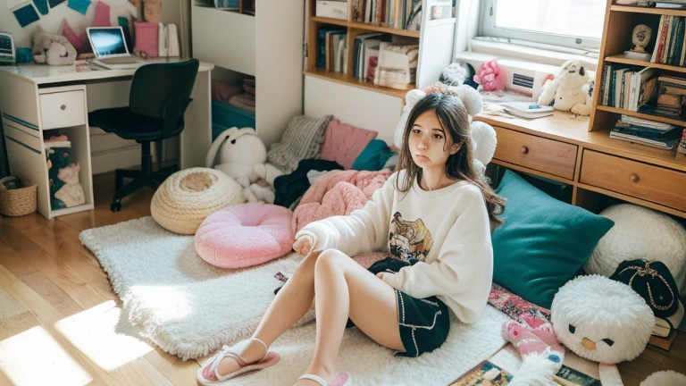 (best quality), natural lighting, hyper detail, 1 girl, typical japanese woman, messy hair, sleepy eyes, displeased face, parallel eyebrows, looking at viewer, wearing poor clothes, ((messy room)), pc desk, sitting floor, (cushion and stuffed toy and clothes and underwear and books and slippers are scattered on the floor)