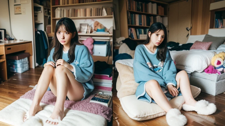 (best quality), natural lighting, hyper detail, 1 girl, typical japanese woman, messy hair, sleepy eyes, displeased face, parallel eyebrows, looking at viewer, wearing poor clothes, ((messy room)), pc desk, sitting floor, (cushion and stuffed toy and clothes and underwear and books and slippers are scattered on the floor)