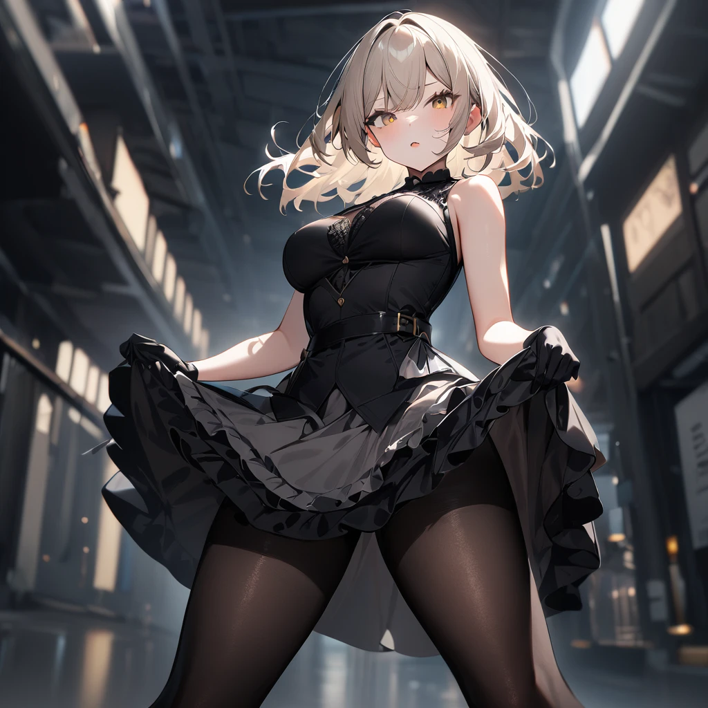 1 girl,best quality, very aesthetic,absurdres,looking at viewer,front view,Lovely lady,,skirt lift,high-grade,layer,westfrill,light hair,multilayer,blackcolor,trim,(side-Crisscross),breasts,upscale,Layered,yellow pale,blackglove,pantyhose,lovely,all black,Sleeveless,open stance,curtsey,impossible_clothes 