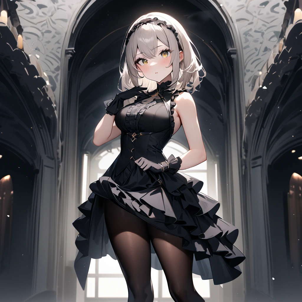 1 girl,best quality, very aesthetic,absurdres,looking at viewer,front view,Lovely lady,,skirt lift,high-grade,layer,westfrill,light hair,multilayer,blackcolor,trim,(side-Crisscross),breasts,upscale,Layered,yellow pale,blackglove,pantyhose,lovely,all black,Sleeveless,open stance,curtsey,impossible_clothes