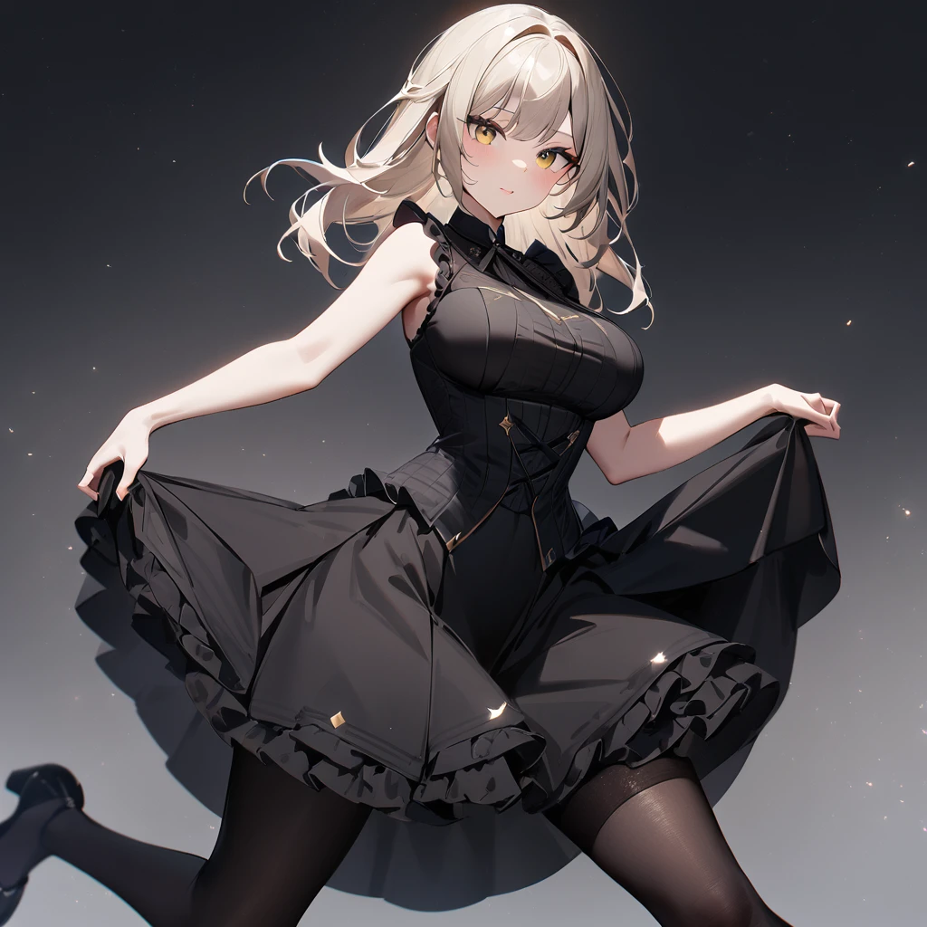 1 girl,best quality, very aesthetic,absurdres,looking at viewer,front view,Lovely lady,,skirt lift,high-grade,layer,westfrill,light hair,multilayer,blackcolor,trim,(side-Crisscross),breasts,upscale,Layered,yellow pale,blackglove,pantyhose,lovely,all black,Sleeveless,open stance,curtsey,impossible_clothes